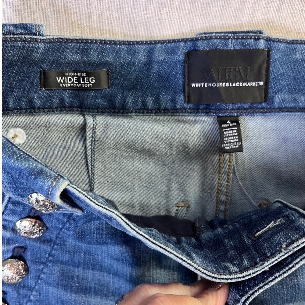 White House Black Market High Rise Wide Leg Sailor Button Jeans Montauk Blue 4R - Picture 3 of 16